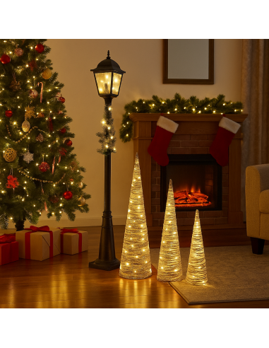 Set 3 Conos LED Ratán Blanco 20x80 – Decoración Navideña