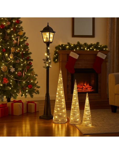 Set 3 Conos LED Ratán Blanco 20x80 – Decoración Navideña