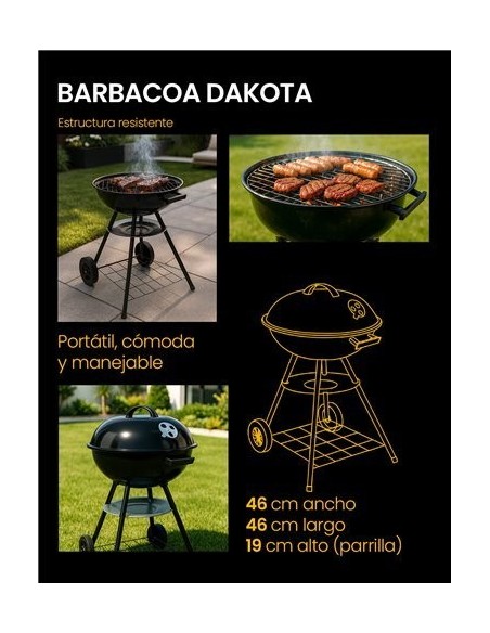 Barbacoa de Carbón Dakota 45 cm | Portátil, con Tapa y Ruedas | Estilo